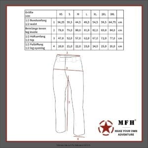 Größentabelle Kampfhose